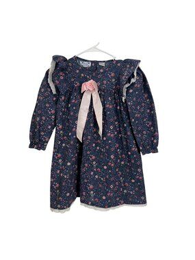 Vintage Jennifer Lauren Girls Floral Victorian Dress SZ 6X Pink Bow Long Sleeve